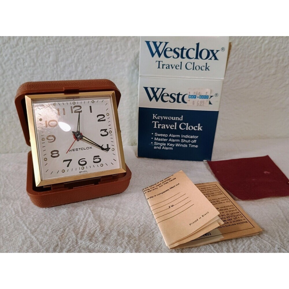 Vintage Westclox Tourino Keywound Travel Alarm Clock in Original Box #44500 Tan